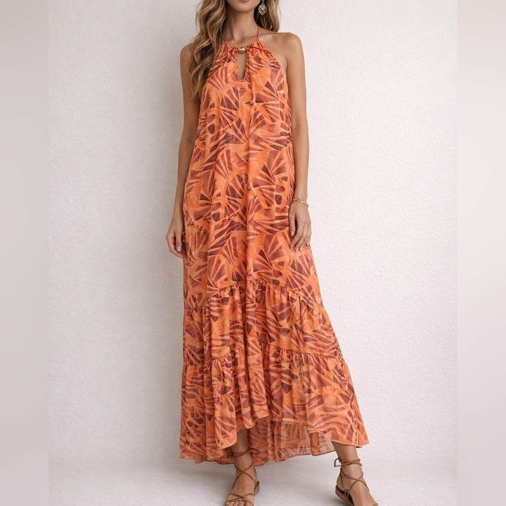 NINE WEST Orange Tropical Palm Leaf Halter Keyhole Tiered Resort Maxi Tiki Dress